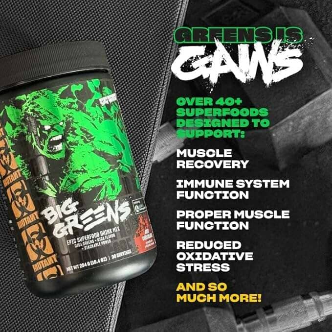 A tub of Big Greens Epepe Superfood Drink Mix is shown on a dark textured surface next to promotional text highlighting its benefits for muscle recovery, immune system function, and proper muscle function.