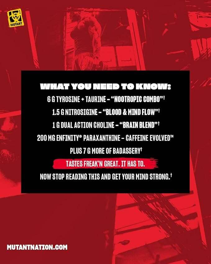 A promotional graphic with a black central text box over a red-tinted background. The text outlines a supplement recipe combining G-tyrosine, taurine, nitrosigine, choline, and finity, with a red highlight on the phrase 'Tastes freakin great.