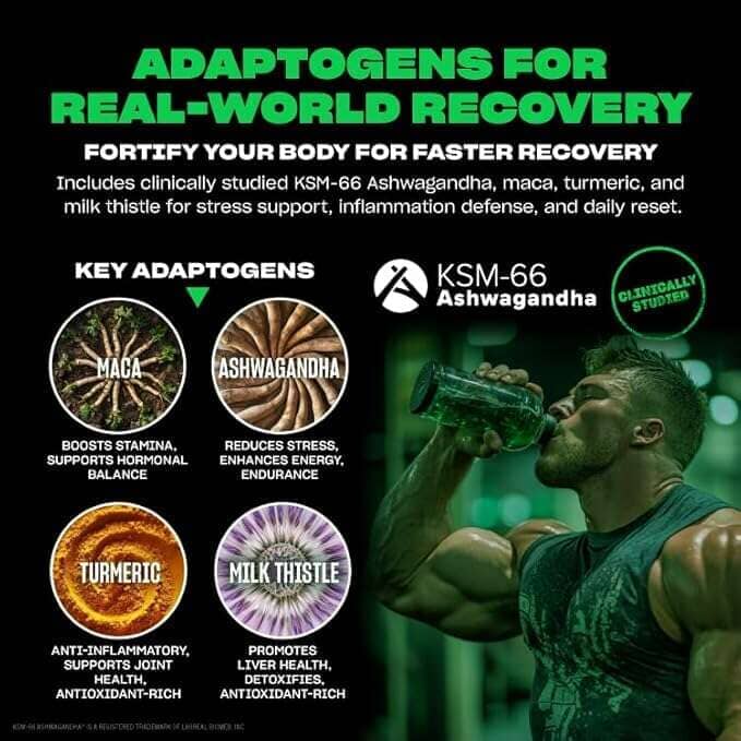 Promotional graphic for KSM-66 Ashwagandha drink, featuring a muscular man drinking from a green bottle on the right, and four circular ingredient callouts for Maca, Ashwagandha, Turmeric, and Milk Thistle on the left. Bold green and white text at the top reads 'ADAPTOGENS FOR REAL-WORLD RECOVERY' with 'KSM-66 Ashwagandha' highlighted.