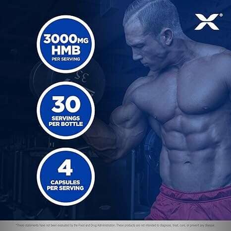 Promotional graphic for a supplement featuring a muscular man in a gym setting, with three blue circular callouts stating 3000MG HMB per serving, 30 servings per bottle, and 4 capsules per serving. A white X logo appears in the top right.