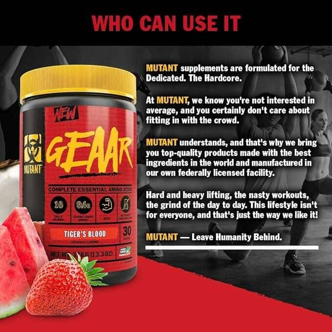 A Mutant GEAR supplement tub labeled Tiger's Blood, shown alongside strawberries on a red surface with marketing text and a blurred gym scene in the background.