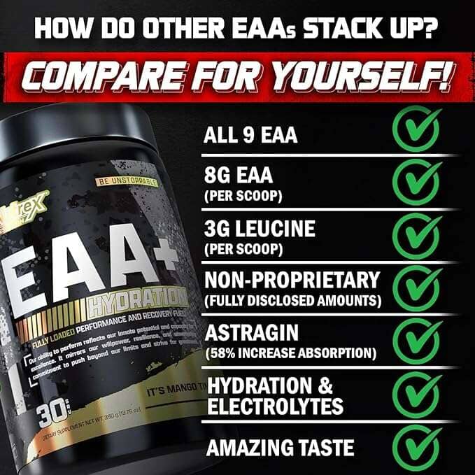 Promotional graphic for an EAA+ hydration supplement tub on a black background, with large text comparing it to other EAA supplements and a list of claimed features with green checkmarks.