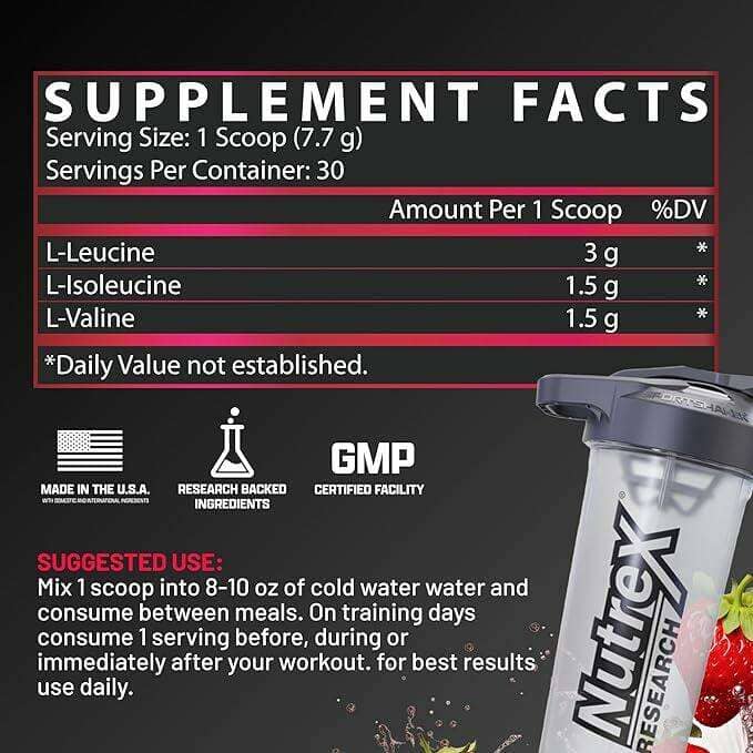 Nutrex Research supplement container with nutritional facts on a black background