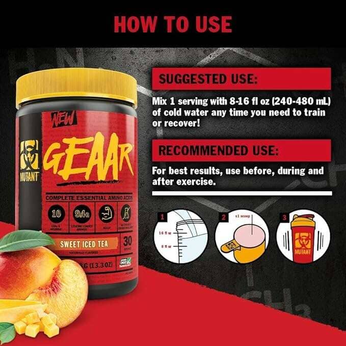 A product infographic for a Mutant GEAAR supplement container. The image features a black background with red text headers, a yellow lid, and a red label.