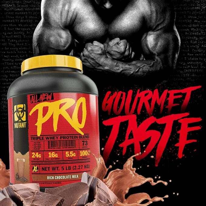 A tub of Mutant Nutrition Pro Triple Whey Protein Blend in chocolate milk flavor, featuring a red label and yellow lid, set against a muscular man flexing and chocolate splash graphics with the text 'Gourmet Taste'.