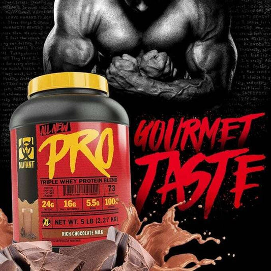 A tub of Mutant Nutrition Pro Triple Whey Protein Blend in chocolate milk flavor, featuring a red label and yellow lid, set against a muscular man flexing and chocolate splash graphics with the text 'Gourmet Taste'.