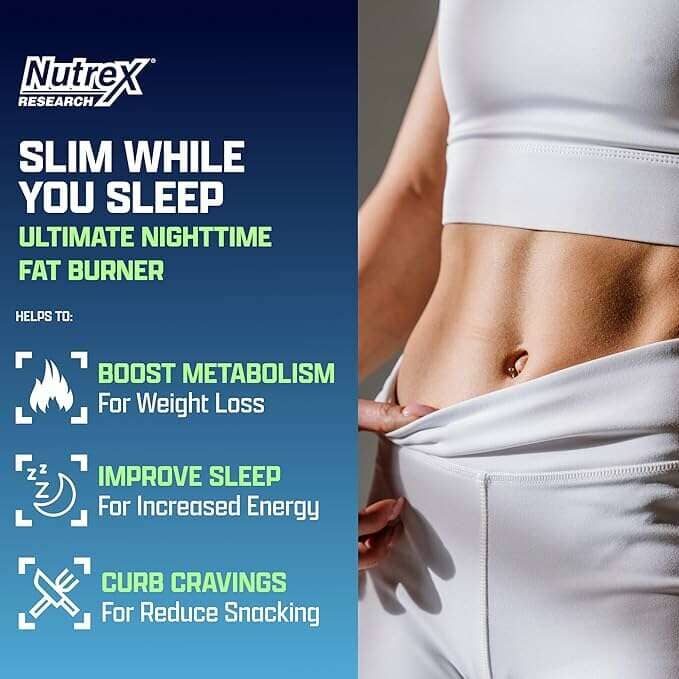 Promotional graphic for Nutrex Research Slim While You Sleep, showing a woman in white activewear with text listing benefits such as boosting metabolism, improving sleep, and curbing cravings.