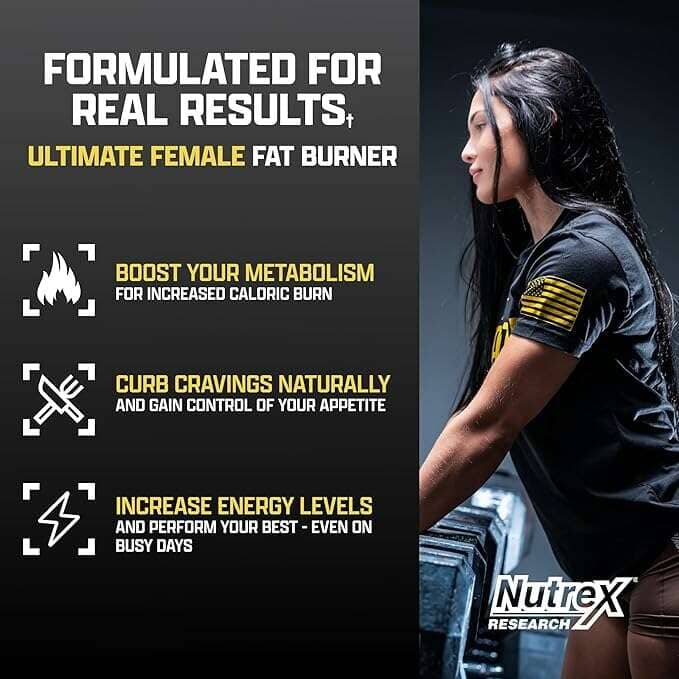 Advertisement for Nutrex Research's ultimate female fat burner with a woman exercising in the background.