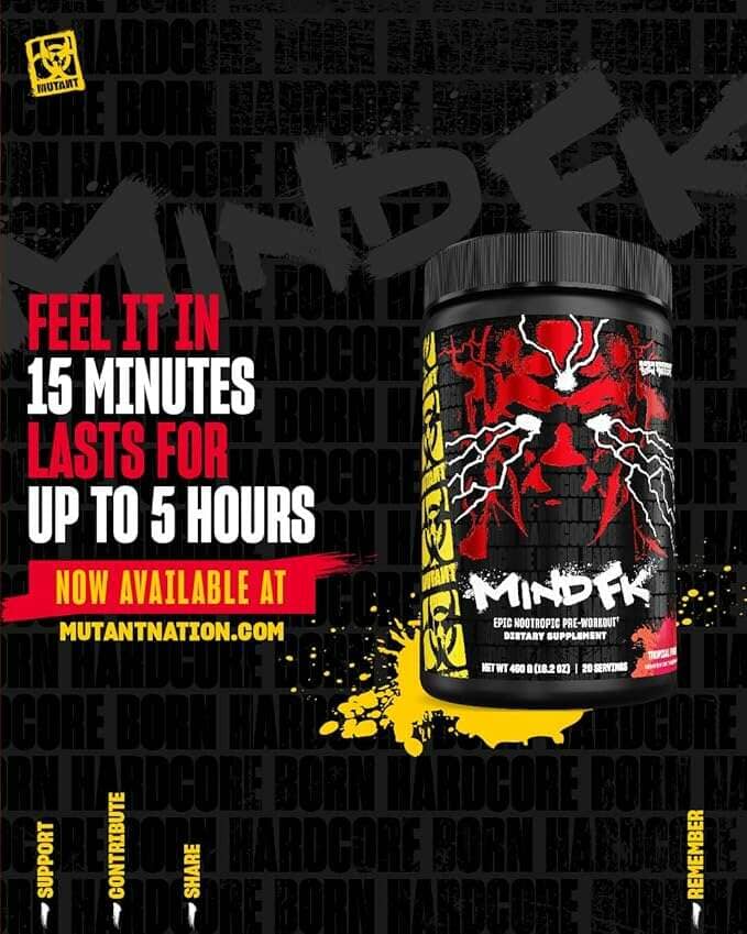 A tub of Mutant Nation Mindek dietary supplement powder shown on a black promotional background with bold red, white, and yellow text and a stylized skull graphic on the label.