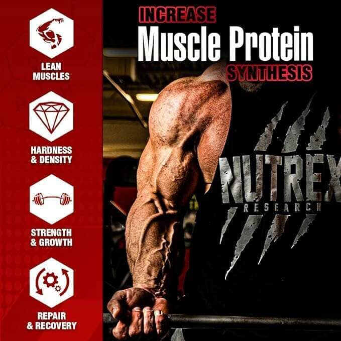 Promotional graphic for Nutrex Research muscle protein, featuring a close-up of a muscular arm and shoulder, with text reading 'Increase Muscle Protein Synthesis' and a red sidebar listing benefits like lean muscles, hardness and density, strength and growth, and repair and recovery.