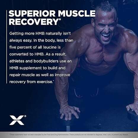 Promotional graphic for an HMB supplement with a muscular man doing push-ups on a dark background, featuring the text 'SUPERIOR MUSCLE RECOVERY' and product benefits, with a white logo at the bottom left.