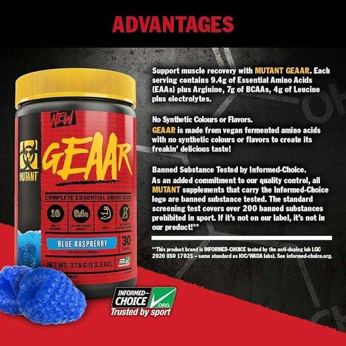 A product advertisement for Mutant Gearar Blue Raspberry protein powder. The image features a tub of the product on the left, with blue gummy candies in the foreground, set against a dark textured background with red and white text detailing product benefits and an 'Informed Choice Trusted by sport' logo at the bottom.
