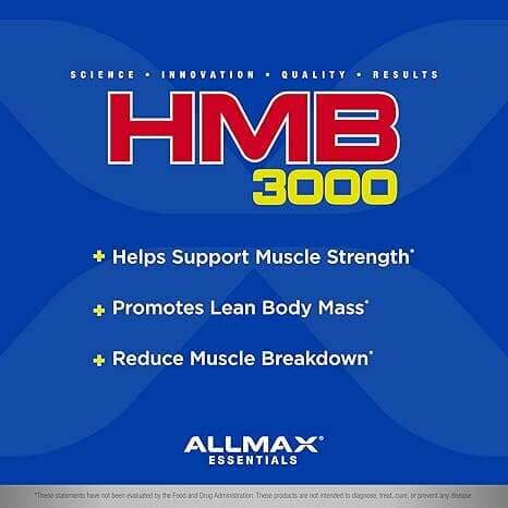 Blue product graphic for HMB 3000 by All Max Essentials, with large red and yellow text and bullet points about muscle strength, lean body mass, and reduced muscle breakdown.