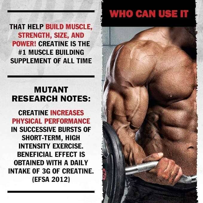 Promotional graphic for a creatine supplement featuring a muscular man lifting a barbell on the right and large text on the left about muscle building and mutant research notes.