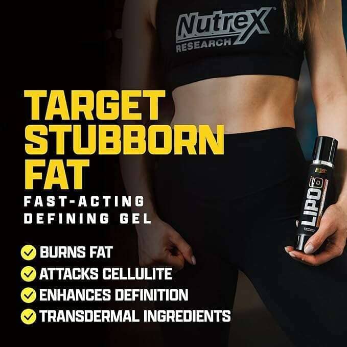 A person in black athletic wear holds a can of NutreX Research LIPID+ target stubborn fat fast-acting defining gel, with large yellow and white marketing text on a dark background.