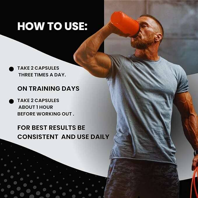 A fitness poster with text instructions on how to use a supplement: 'HOW TO USE: TAKE 2 CAPSULES THREE TIMES A DAY. ON TRAINING DAYS TAKE 2 CAPSULES ABOUT 1 HOUR BEFORE WORKING OUT.
