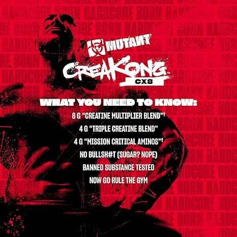 A red and black promotional graphic for Mutant Creakong CX9, featuring a silhouetted figure against a textured red background with white text listing product benefits and ingredients.