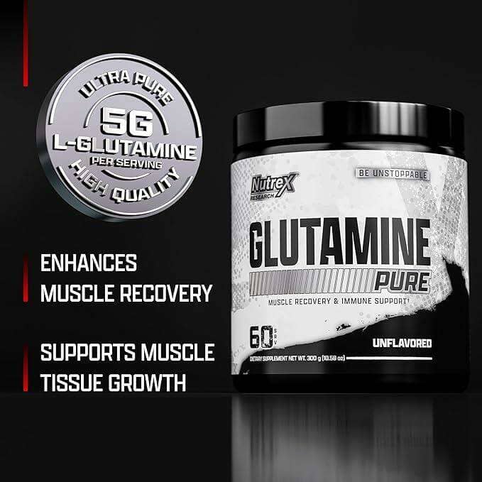 Nutrex L-Glutamine Pure muscle recovery supplement tub on a black background with promotional text and a silver purity badge.