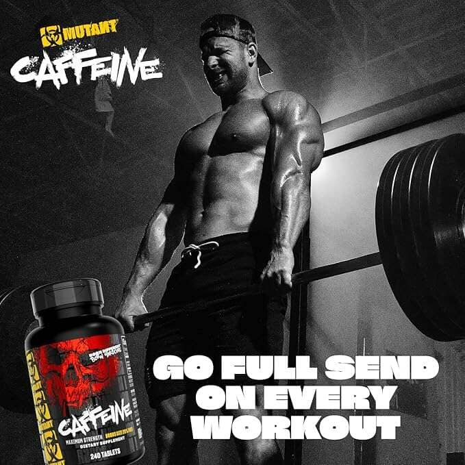 A muscular man in a gym setting next to a barbell, with a bottle of Mutant Caffeine dietary supplement in the foreground and bold text reading 'GO FULL SEND ON EVERY WORKOUT'.