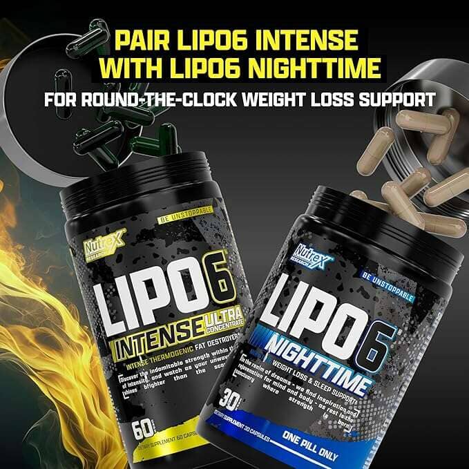Two bottles of Lipo 6 Intense and Lipo 6 Nighttime with promotional text on a dark background.