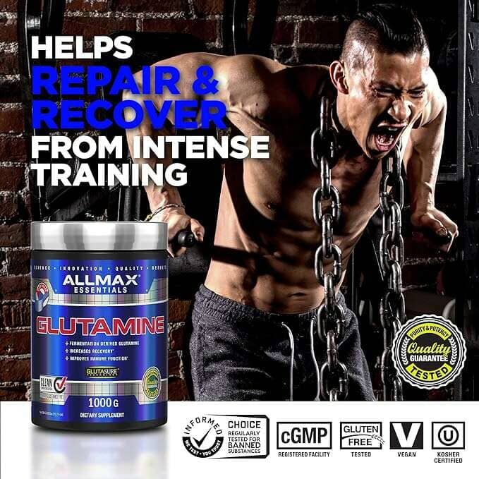 Allmax Essentials Glutamine supplement container shown in a promotional graphic with a muscular man lifting chains against a brick wall, plus large marketing text and certification badges.