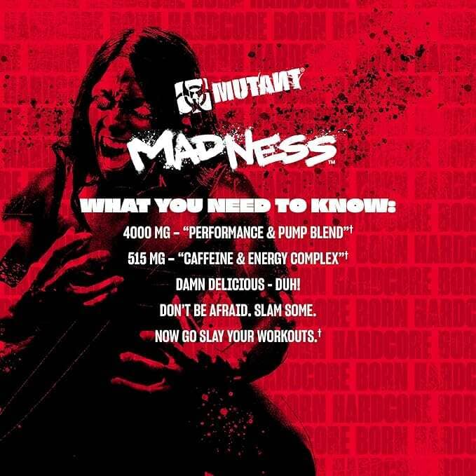 A red and black graphic poster-style product image for a Mutant Madness supplement. A dark, high-contrast figure appears on the left, with bold white text reading 'MUTANT MADNESS' and additional product information about dosage and effects on a red patterned background.