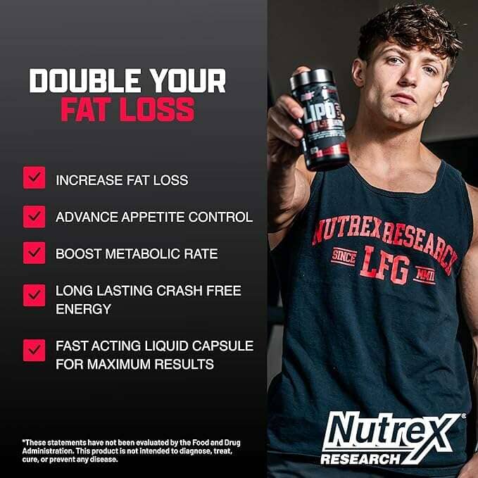 A promotional graphic for Nutrex Research featuring a man in a black tank top holding a supplement bottle, with text on the left reading 'DOUBLE YOUR FAT LOSS' and product benefits listed with red checkmarks.