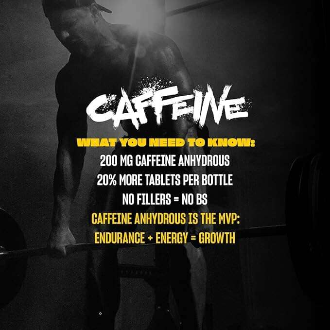 A dark gym-style promotional graphic with a muscular person lifting weights in the background and large white text reading 'CAFFEINE' over yellow and white callouts about 200 mg caffeine anhydrous, 20% more tablets per bottle, and performance claims.
