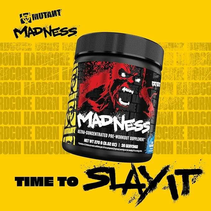 A tub of Mutant Madness pre-workout supplement floating on a bright yellow background with repeated 'Born Hardcore' text and large 'Time to Slay It' lettering.