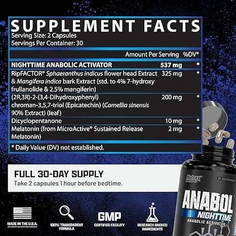Supplement facts label for RipFactor Nighttime Anabolic Activator capsules, showing a black bottle with a silver cap, a dark blue ingredient panel, and text detailing serving size, daily value %, ingredients, and full 30-day supply.