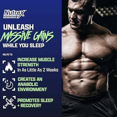 Advertisement for Nutrex Research showing a muscular man and product benefits on a dark background
