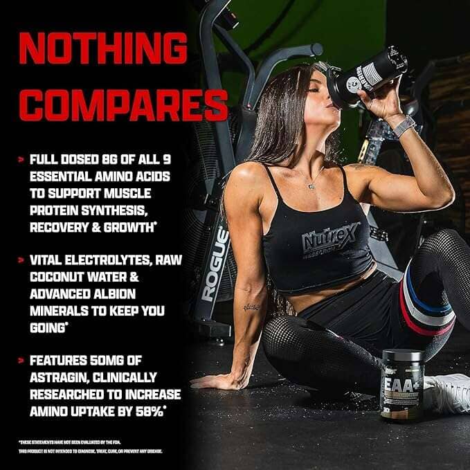 A woman in a gym setting drinks from a protein shaker while wearing a black Nutrex sports bra and leggings. Prominent text on the left highlights product benefits, and a tub of EAA supplements sits on the floor nearby.