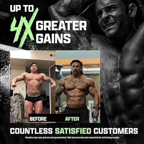 Promotional graphic for a supplement or fitness product with the text 'UP TO 4X GREATER GAINS' and 'COUNTLESS SATISFIED CUSTOMERS.' The design features a large black-and-white close-up of a muscular man on the right, a before-and-after transformation photo in the center, and a smaller photo on the left.