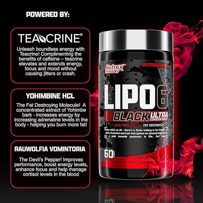 A bottle of Nutrex Lipo 6 Black Ultra Concentrate dietary supplement on a black background with red rose graphics and three text callouts about active ingredients: Teacrine, Yohimbine HCL, and Rauwolfia Vomitoria.