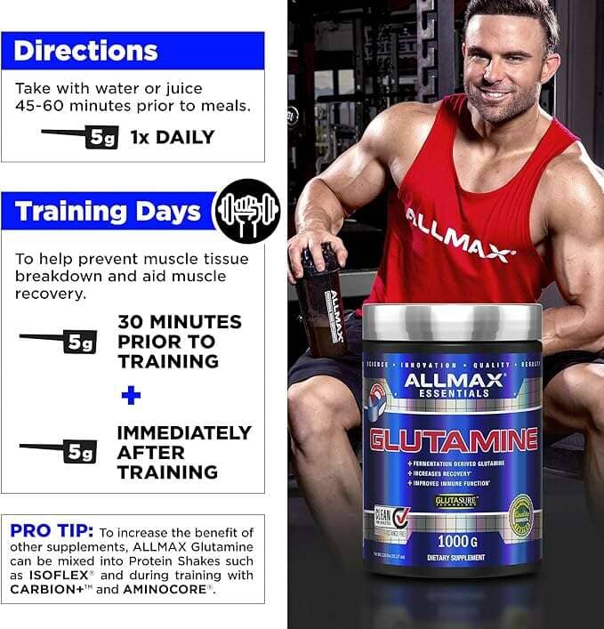 A fitness supplement product listing featuring a large jar of ALLMAX Essentials Glutamine on the right, next to an infographic with usage directions and training day guidelines on the left. A muscular man in a red tank top is seated on a gym bench holding a shaker bottle.