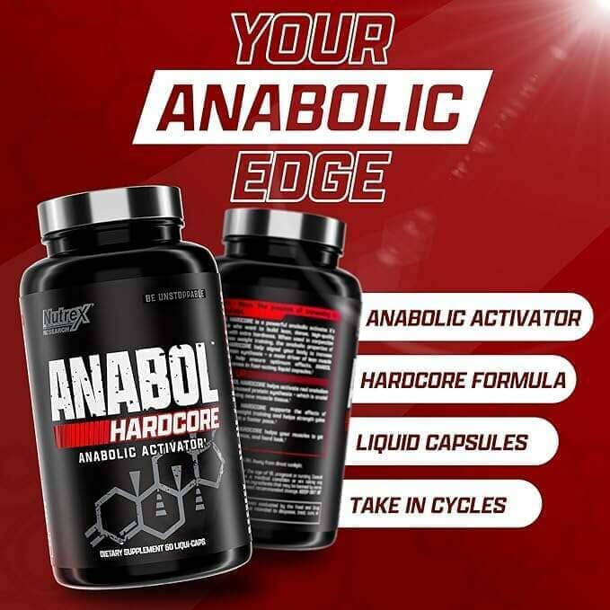 Two black bottles of Intrex Anabol Hardcore anabolic activator supplement on a red promotional background with text reading 'YOUR ANABOLIC EDGE' and feature callouts.