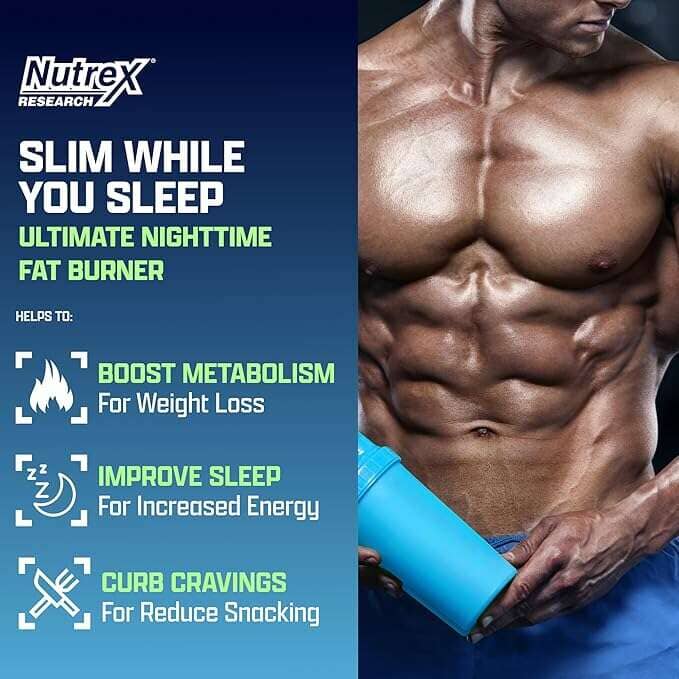 Advertisement for Nutrex Research's nighttime fat burner with a muscular man holding a blue container.