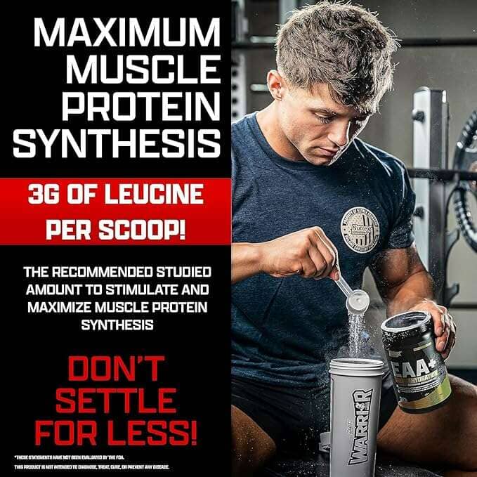 A man in a gym adds powder from a canister labeled AA+ into a shaker cup. Large promotional text on the left reads 'Maximum Muscle Protein Synthesis' and '3G of Leucine Per Scoop!'.