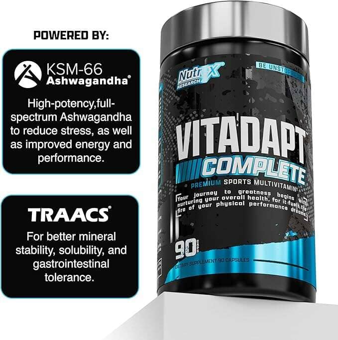 NutrX Vitadapt Complete supplement container with KSM-66 Ashwagandha and Traacs text on a white background
