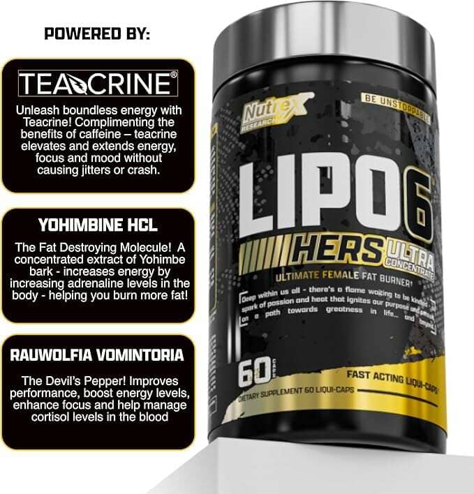 Supplement container labeled 'Lipo-6 Hers Ultra' with ingredients listed on a white background