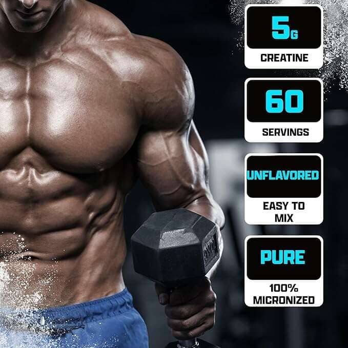 Muscular person holding a dumbbell with nutritional supplement information displayed.