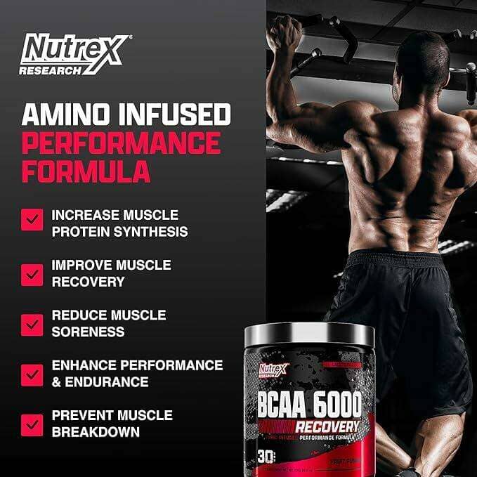 Nutrex Research Amino Infused Performance Formula supplement tub shown next to a muscular man lifting weights in a gym setting. The left side features a dark gray text panel with product benefits, and the right side shows the athlete from behind wearing black athletic shorts.