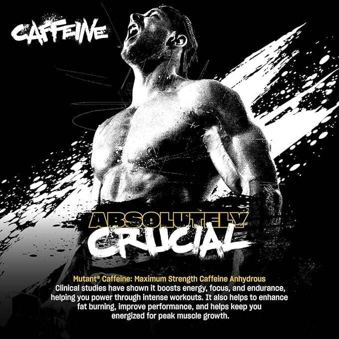 Advertisement for Mutant Caffeine with a muscular person and text about its benefits.