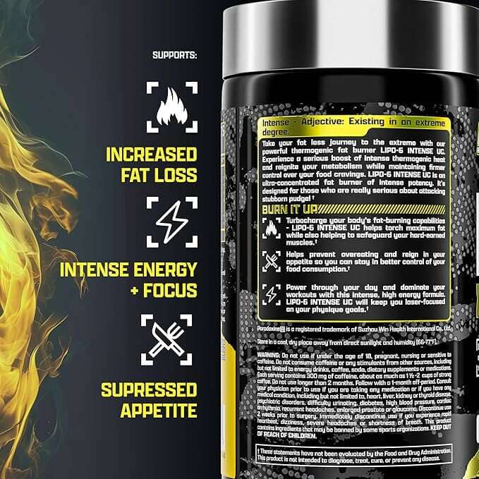 A supplement powder tub shown on a dark promotional background with text callouts for increased fat loss, intense energy and focus, and suppressed appetite. The left side features yellow and orange flame graphics, and the right side shows the back of the black container with a silver cap and yellow label details.