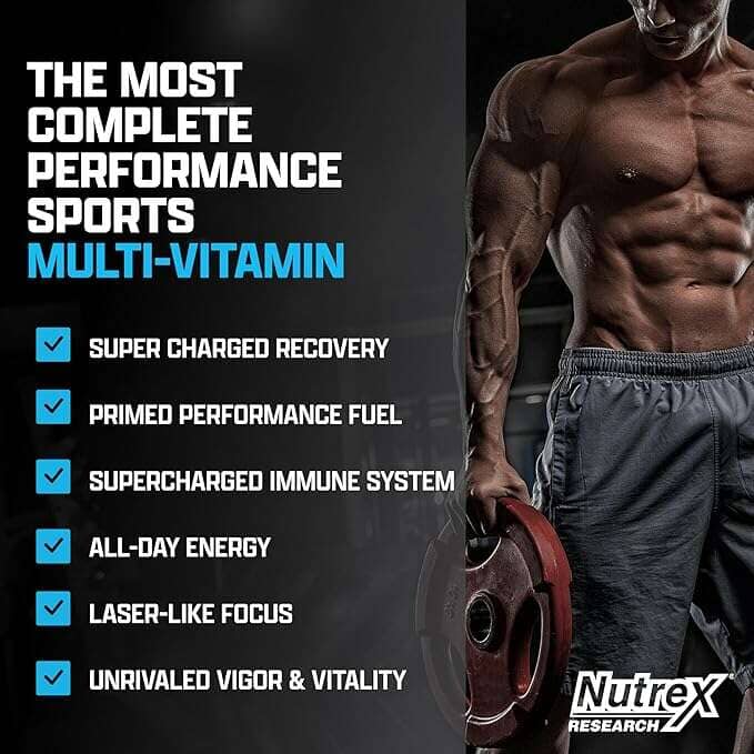 Promotional graphic for Nutrex Research multi-vitamin sports supplement, featuring a muscular male athlete holding a barbell on the right, with text listing benefits like super charged recovery and primed performance fuel on the left.
