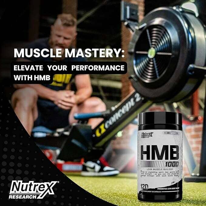 A bottle of NutreX Research HMB 1000 supplement is shown in the foreground against a gym background with a rowing machine and a blurred man sitting on it. Text on the image reads 'MUSCLE MASTERY: ELEVATE YOUR PERFORMANCE WITH HMB'.