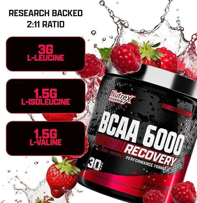 Nutrex BCAA 6000 Recovery supplement container with berries and water splash on a white background