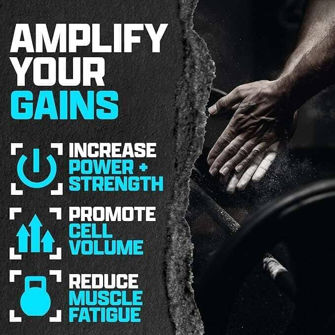 Promotional graphic with the text 'AMPLIFY YOUR GAINS' in white and bright cyan on a dark textured background, alongside four benefit callouts: increase power and strength, promote cell volume, reduce muscle fatigue, and a hand gripping a barbell on the right side.