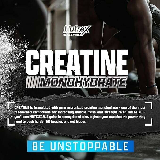 Promotional graphic for Nutrex Research Creatine Monohydrate, featuring a muscular person in a gym setting with large white text and a blue banner reading 'BE UNSTOPPABLE'.
