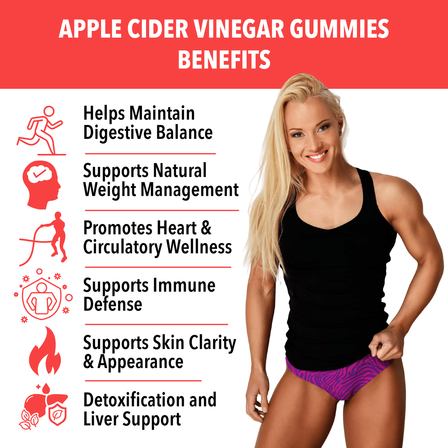 Woman in athletic wear with text listing benefits of apple cider vinegar gummies on a white background